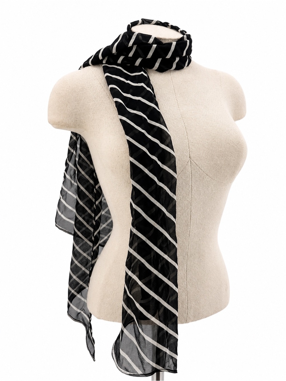 Unbranded Stripe Scarf Accessory Black & White Silk Preppy Tie Overlay